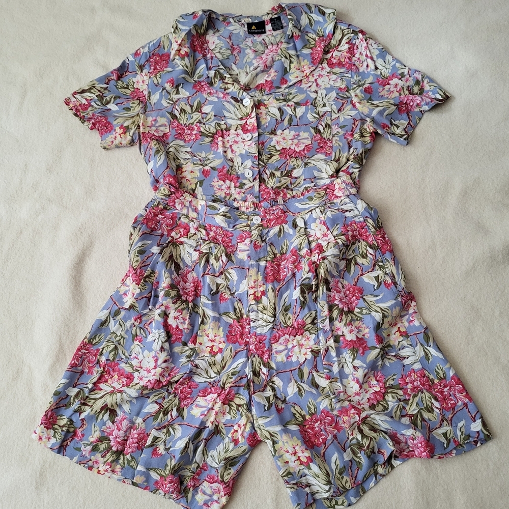 Vintage 90's 2 Piece Set Shirt Shorts Purple Pink Floral Liz Claiborne